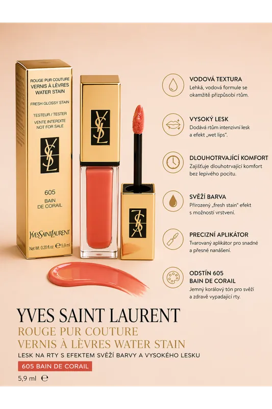 Yves Saint Laurent Rouge Pur Couture Vernis À Lèvres Water Stain – lesk na rty (605 Bain de Corail) Doprava Zdarma