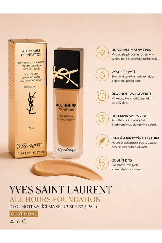Yves Saint Laurent All Hours Foundation – dlouhotrvající make-up SPF 39 (DN5 - odlomená část/vyzkoušeno) Nová Kolekce